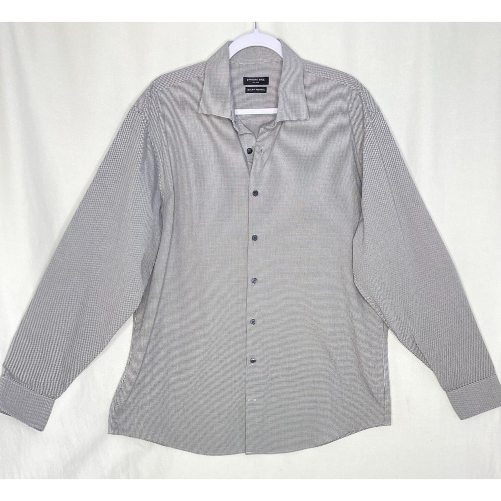 💎Kenneth Cole Button Front Shirt Micro Gingham Plaid Black & White Size 17 Reg